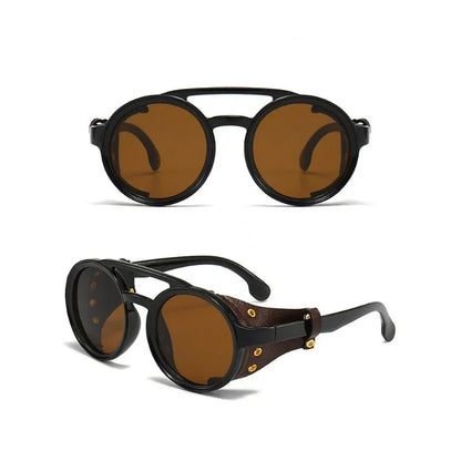 Steampunk Shields Sunglasses Men Women Classic SunGlasses With Side Leather Round Eyewear Pink UV400 Lens