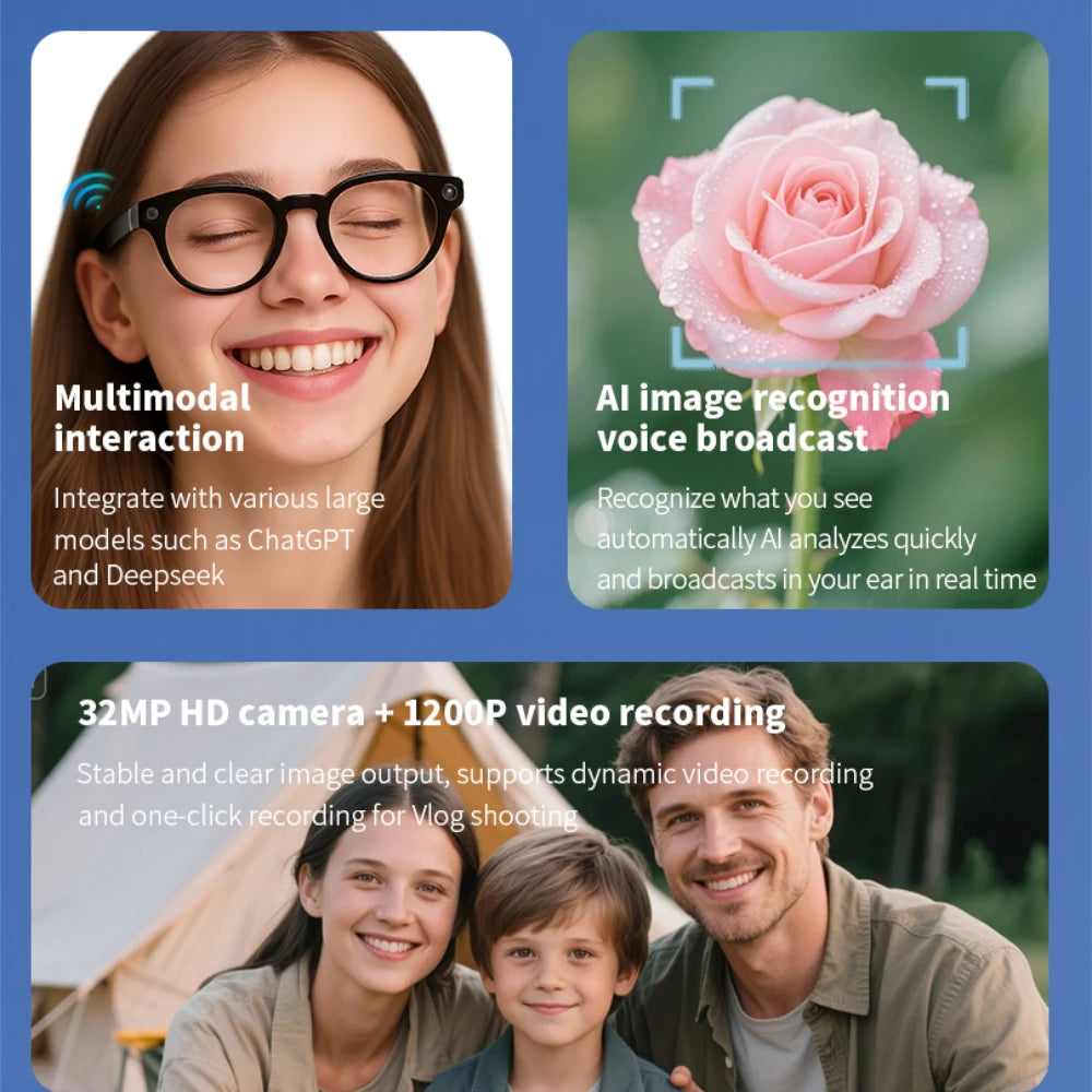 AI Smart Camera Glasses Anti-blue Light Bluetooth Call Voice Assisatant Sunglasses Outdoor Sports Headphone Eyeglasses Men Women