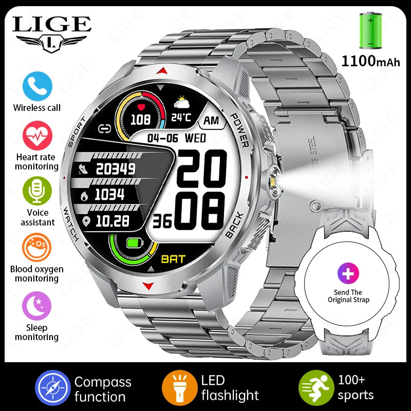 LIGE 2025 1100mAh Super Capacity Battery Adult Men Smart Watch Compass 1.7-inch Bluetooth Call 3ATM Waterproof Sports Smartwatch