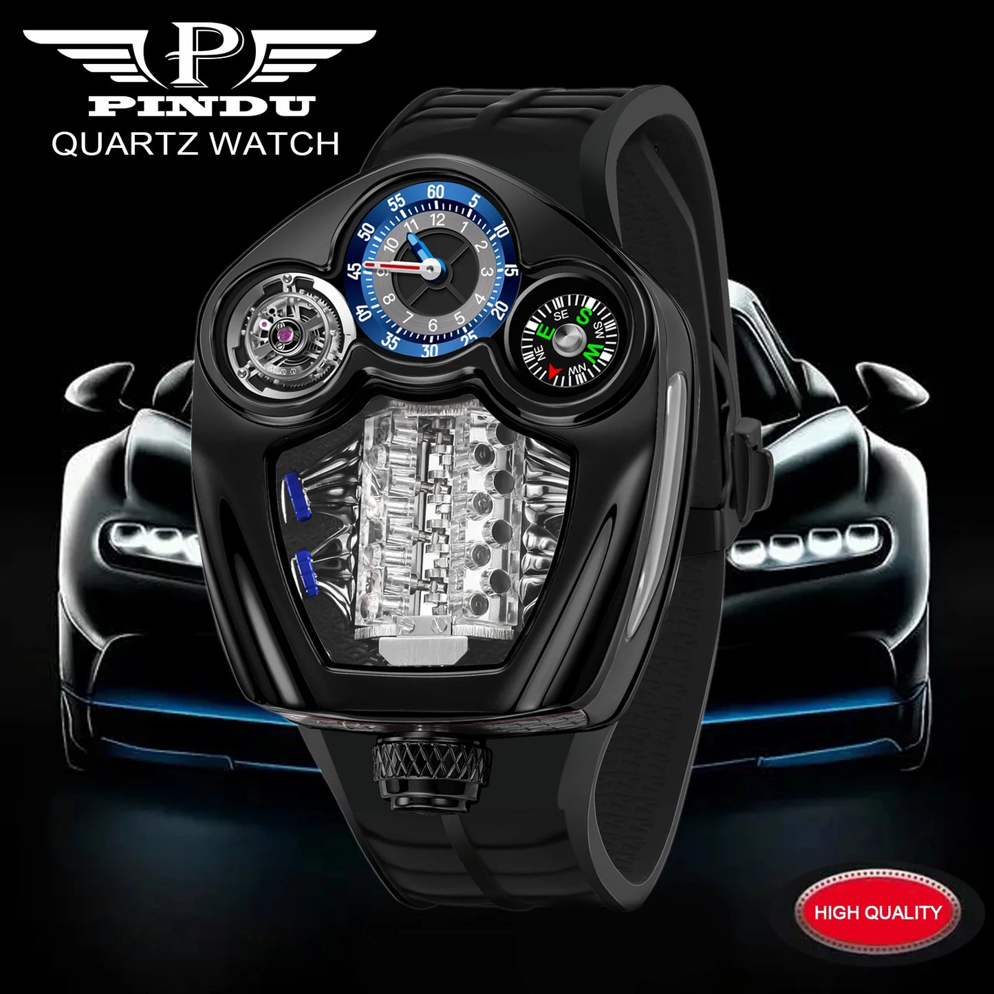 NEW PINDU Design Engine Series Quartz Watch Men TOP-luxurious Stainless steel Compass Waterproof Swiss quartz 762 movement watch