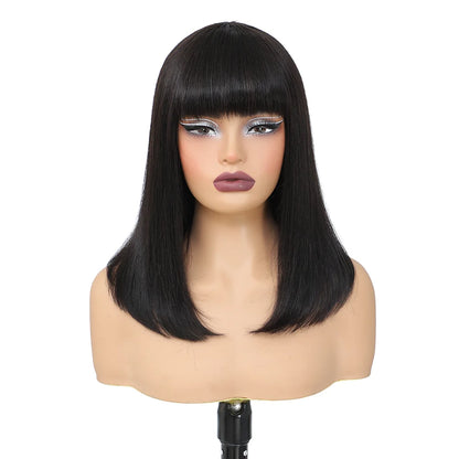 Short Bob Wig Human Hair With Bangs Straight Glueless Ready to Wear Go Wigs For Women Burgundy Machine Made Wig Brazilian Hair