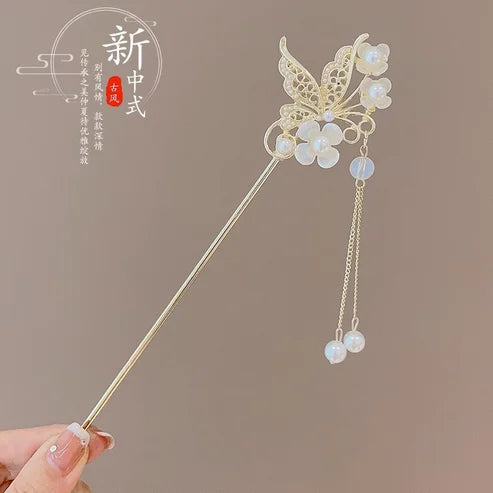 Light Luxury Flower Hairpin For Women Chinese Style Floral Butterfly Tassel Hair Stick Elegant Metal Jewelry Hairpin Hair Clips