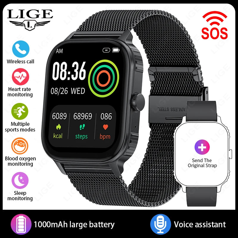 LIGE Women Smart Watch Bluetooth Call Heart Rate Sleep Monitor AI Voice Alarm Clock Music Control IP68 Waterproof Smartwatch Men