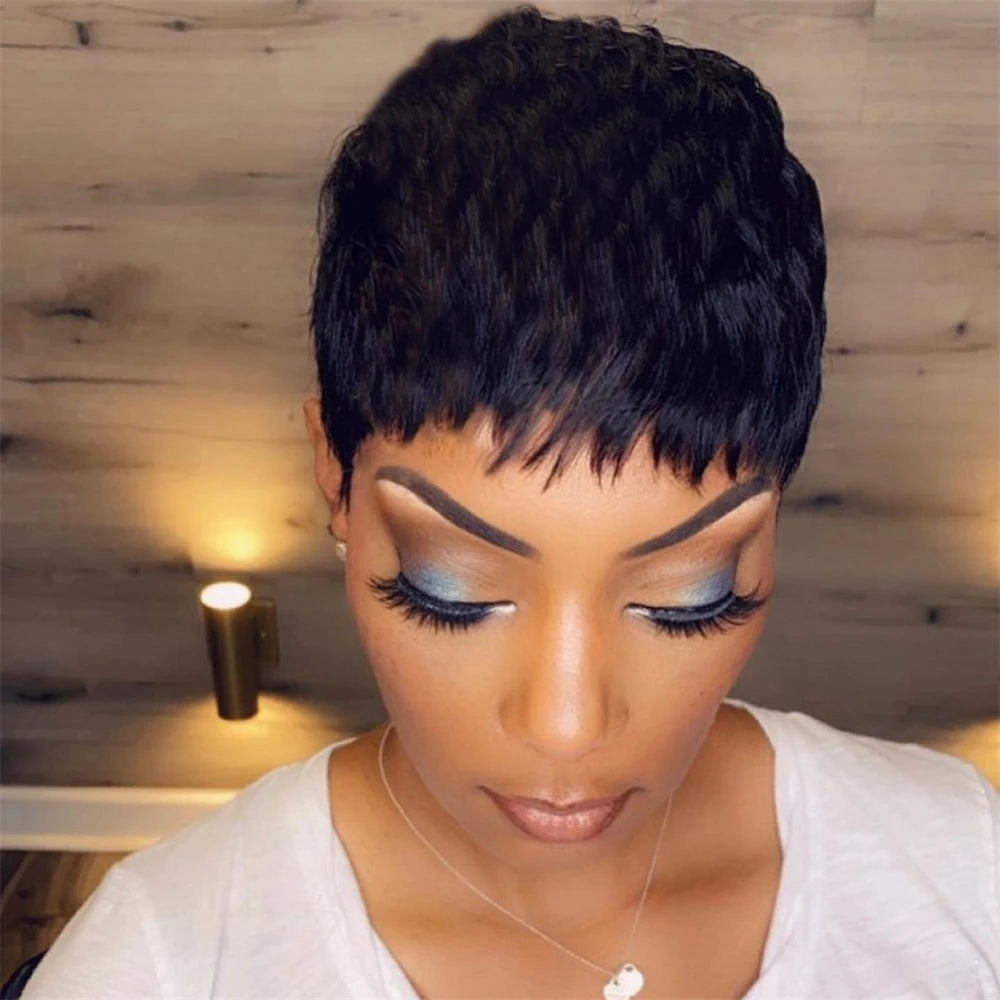 Pixie Cut Human Hair Wig for Black Women Natural Black Straight Bob Wigs Brazilian Human  Hair Full Machine Made Wig With Bangs