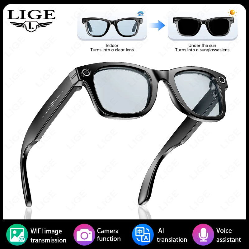 LIGE New Camera Smart Glasses with Photochromic Lenses Photography Video ChatGPT AI Interactive Translation Smart Sunglasses Men
