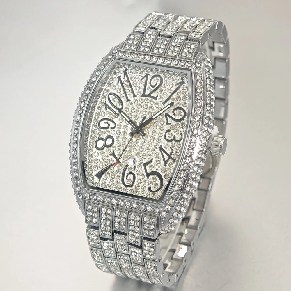 Luxury Iced Out Mens Watches Fashion Gold Water Resistant Stainless Steel Quartz Mens Watches Tonneau Full Diamond Reloj Hombre