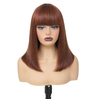 Short Bob Wig Human Hair With Bangs Straight Glueless Ready to Wear Go Wigs For Women Burgundy Machine Made Wig Brazilian Hair