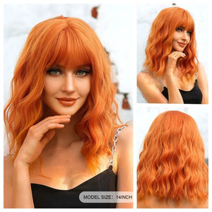 Short Copper Ginger Synthetic Natural Wavy Wigs Hair Orange Halloween Bob Wig with Bangs Heat Resistant for Women Cosplay Wig