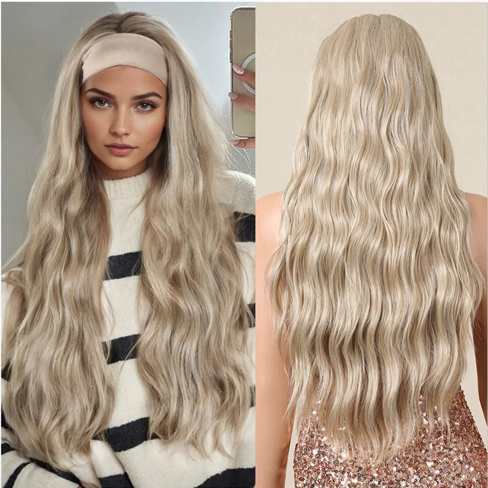 Blonde Synthetic Headband Wigs Long Water Wavy Wig for Women Daily Party Heat Resistant Fiber Natural Looking Realistic Hair