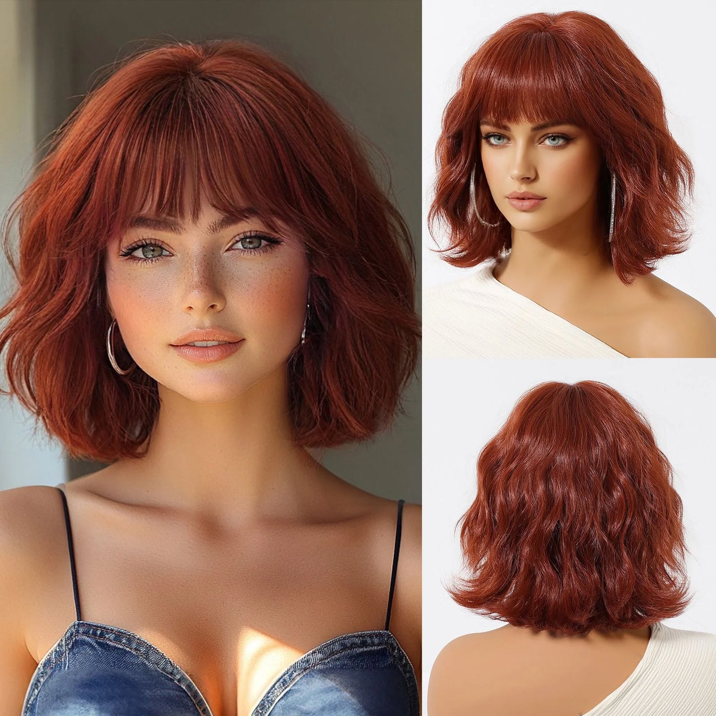 12 Inch Brown Bob Natural Wig Synthetic Cute Hair Short Wavy Curly Wig With Bangs For Women Daily Party Use Heat Resistant Fiber