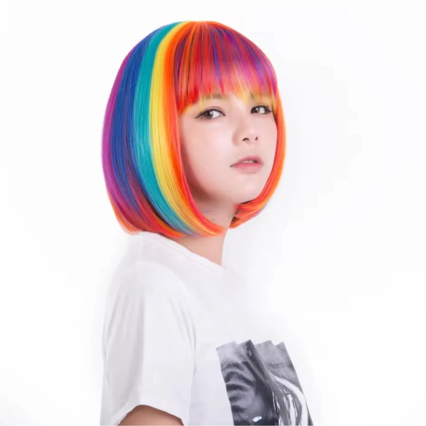 Colorful Bob Hairstyle Wig Suit Airy Bangs Rainbow Halloween Cosplay Short Hair  Synthetic Wig Halloween, Christmas costumes