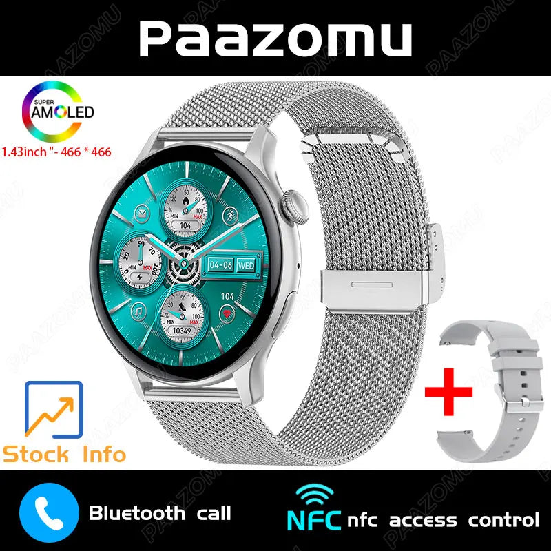 New Smart Watch Women 466*466 AMOLED Screen Always Display Time NFC Bluetooth Call Fashion IP68 Waterproof Sports Men Smartwatch