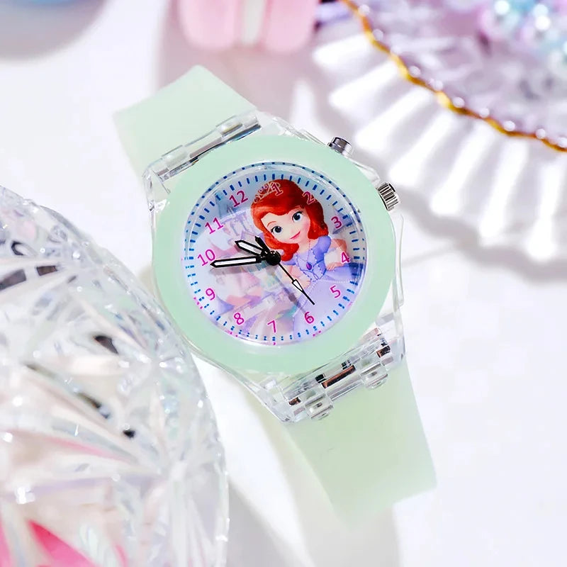 Disney Mickey Children Watches Girls Color Light Source Silicone Princess Elsa Kids Watch Boys Gift Wrist Clock