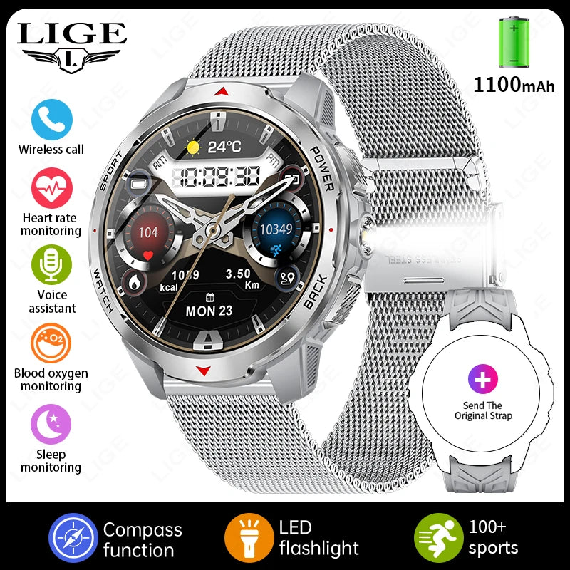 LIGE 2025 1100mAh Super Capacity Battery Adult Men Smart Watch Compass 1.7-inch Bluetooth Call 3ATM Waterproof Sports Smartwatch