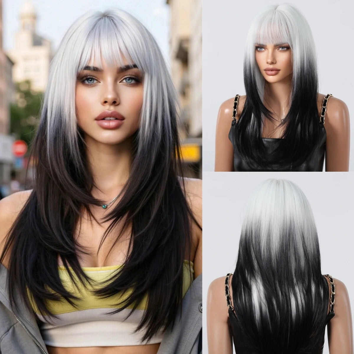 Medium Length Straight Wigs Gray Layered Synthetic Wigs With Bangs For Women Party Cosplay Natural Heat Resistant Fake Hair