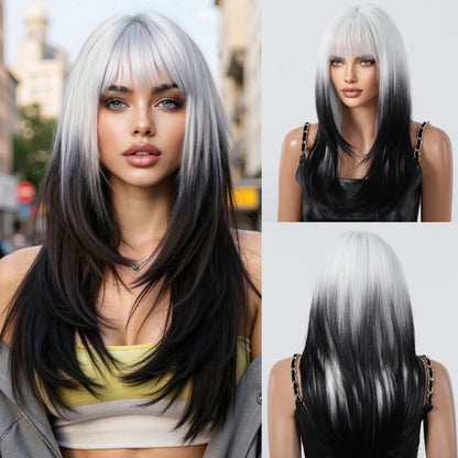 Medium Length Straight Wigs Gray Layered Synthetic Wigs With Bangs For Women Party Cosplay Natural Heat Resistant Fake Hair