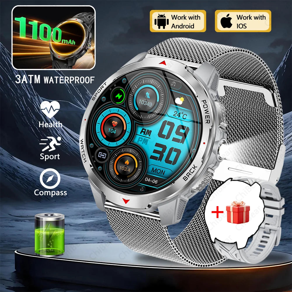 1100mAh Super Capacity Battery Military Outdoor Smart Watch Men 1.7inch Screen Compass Bluetooth Call 3ATM Waterproof SmartWatch