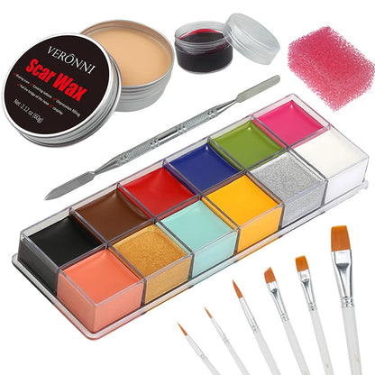 12/20 Colors Face Body Painting Fake Blood ,Halloween Professional Special Effects Makeup Kit with Wound Modeling Scar Wax