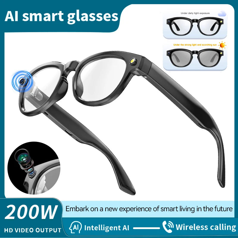 LIGE 200W Video Shoot Camera Smart Glasses Open Ear Sound Speakers Bluetooth Calling Wearable Smart Photochromic Lens Sunglasses