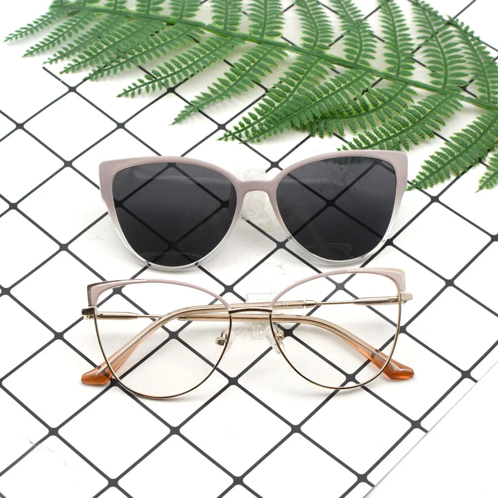 KANDREA Vintage 2 In 1 Clip On Glasses Frame Women Brand Design Polarized Sunglasses Optical Prescription Eyeglasses FNA017