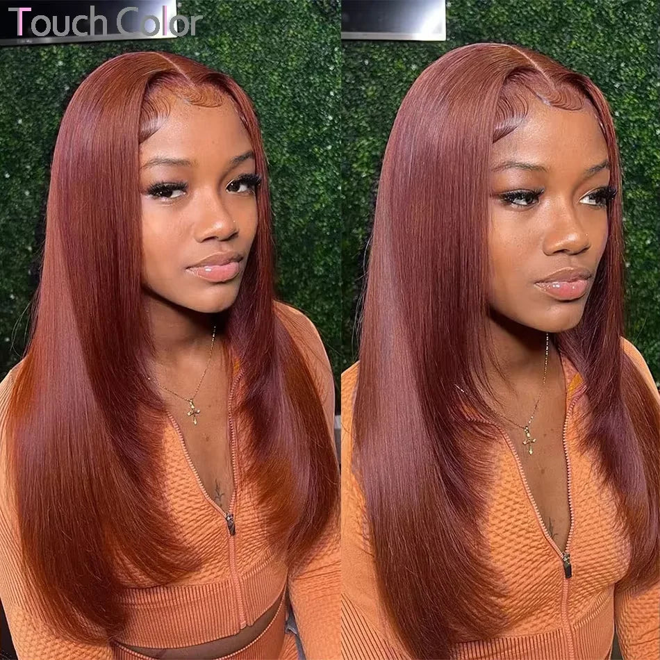 Reddish Brown Bone Straight 13x4 HD Transparent Lace Front Body Wave 100% Human Hair Wigs 180% Density Pre Plucked Copper Red