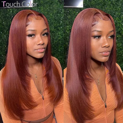 Reddish Brown Bone Straight 13x4 HD Transparent Lace Front Body Wave 100% Human Hair Wigs 180% Density Pre Plucked Copper Red
