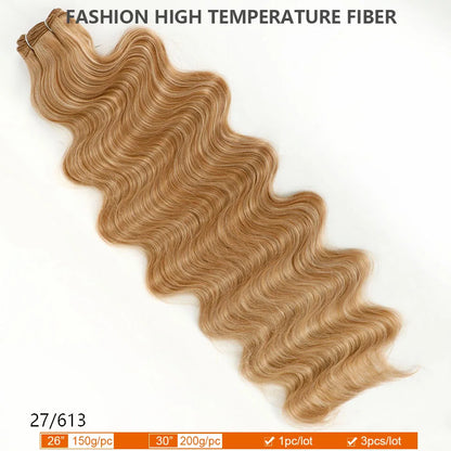 30Inches 200grams Blond Ombre 27/613 Brown Body Wave Synthetic Hair Weave Bundles Soft Bio Human-Like Heat Resistant Ponytail