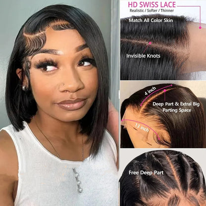 Short 13X4 Lace Front Bob Wig Human Hair Wigs Straight Frontal Bob Wig Glueless Wig Ready To Wear Go Machine Made Wig With Bangs