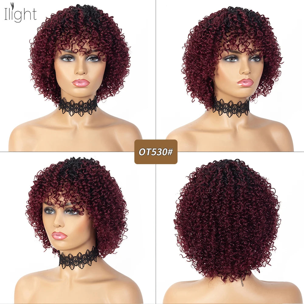 8 Inch Short Pixie Curly Bob Wig with Bangs Brazilian Human Hair Bouncy Curl Wig for Women Ready to Go Wig