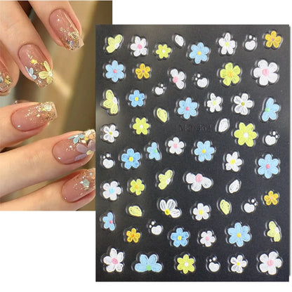 5d Embossed Nail Art Stickers Golden Lines Semi-Transparent Purple Blue Flowers Decals Decorations For Nail Tips Manicures