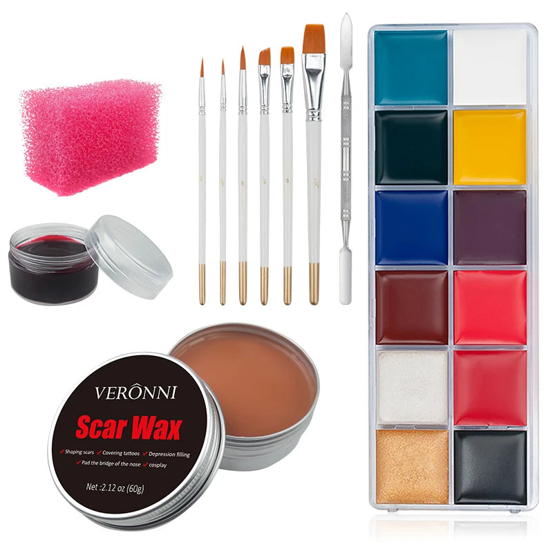 12/20 Colors Face Body Painting Fake Blood ,Halloween Professional Special Effects Makeup Kit with Wound Modeling Scar Wax