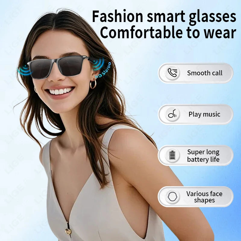 LIGE 2025 New AI Smart Glasses Bluetooth Call Headphones UV Protective Lenses Connected Voice Assistant Music Playing Sunglasses