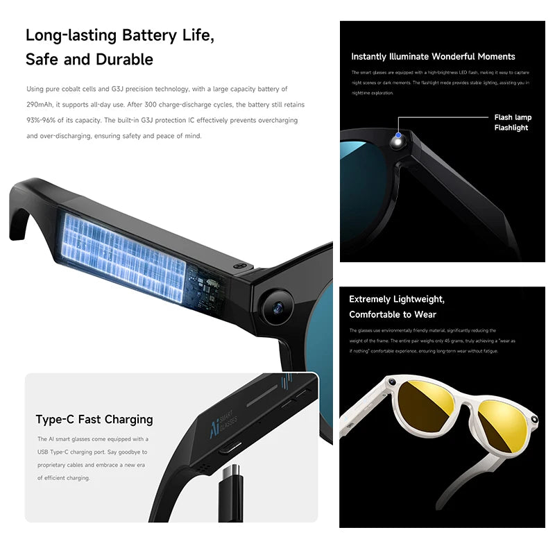 New AI Smart Glasses HD Camera Shooting LED Flashlight Translation AI Recognition Large Battery Touch Control BT Call Sunglasses