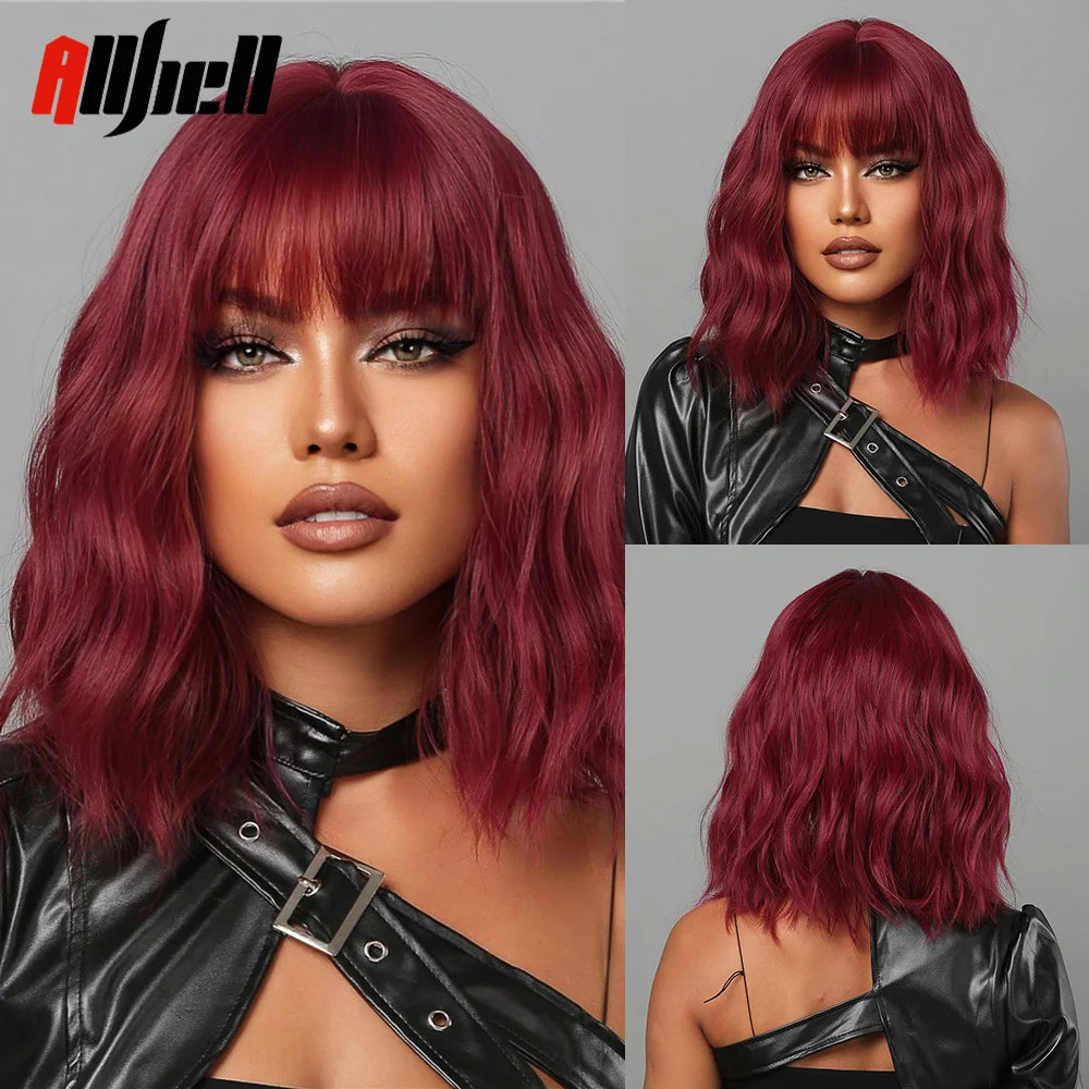 Short Copper Ginger Synthetic Natural Wavy Wigs Hair Orange Halloween Bob Wig with Bangs Heat Resistant for Women Cosplay Wig