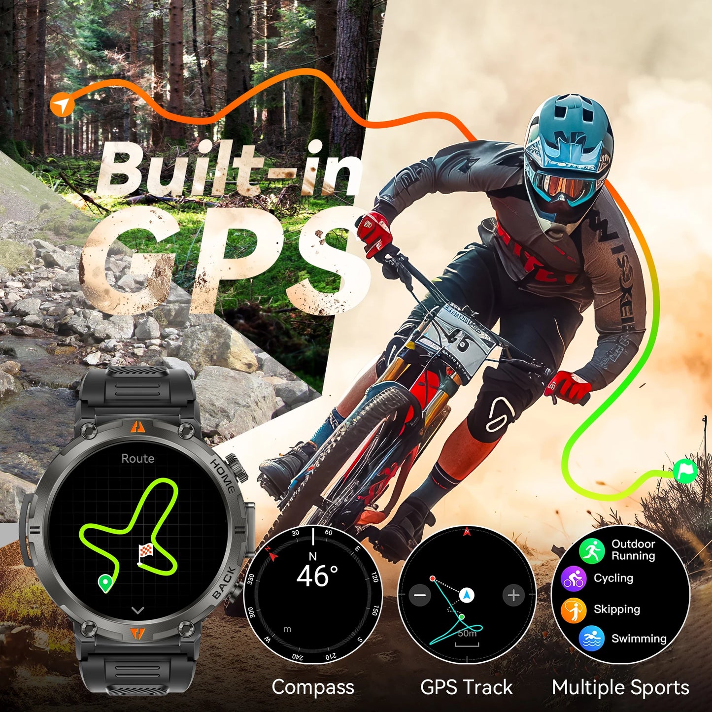 EIGIIS KE3Pro Original Smart Watch for Men with LED Flashlightwith Heart Rate Sleep fitness Monitor with GPS Multiple Sport Mode