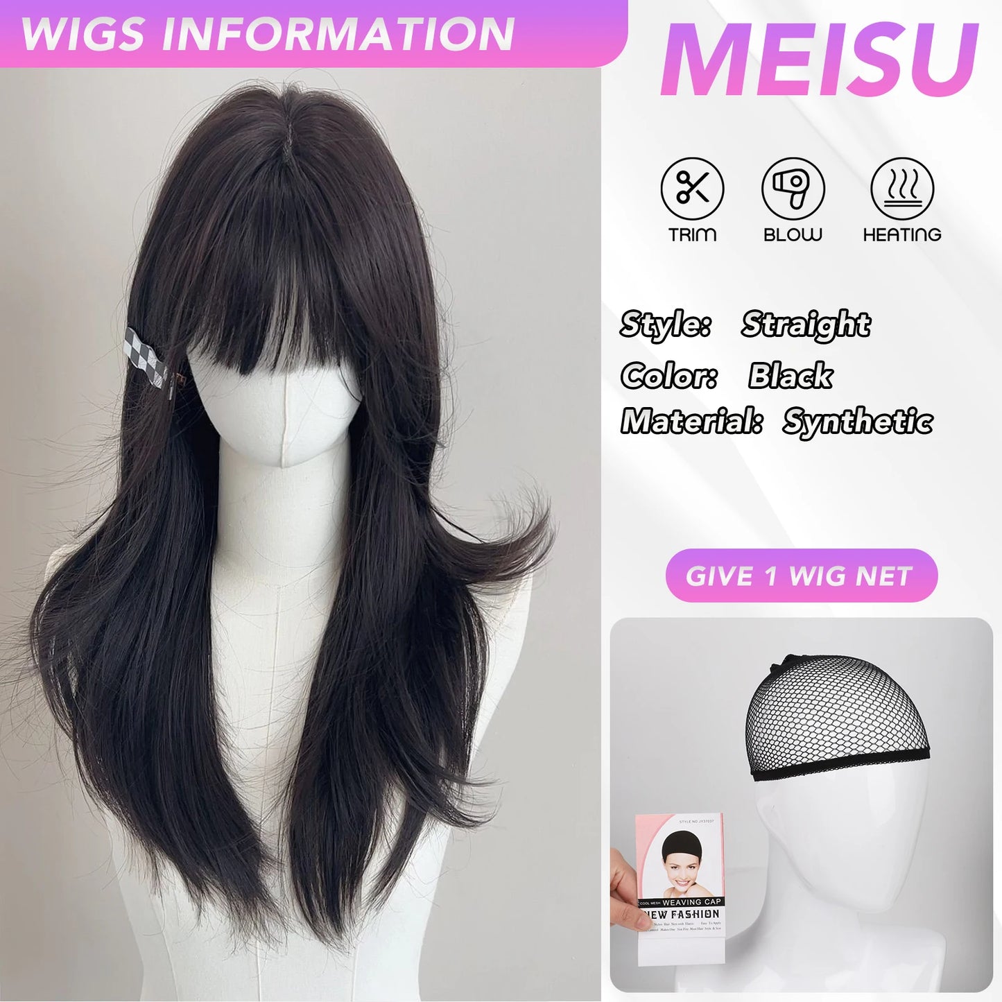 MEISU 24 Inch Synthetic Long Straight Bangs Wig Platinum Layered Fiber Heat-Resistant Natural Smooth Hair Party For Women