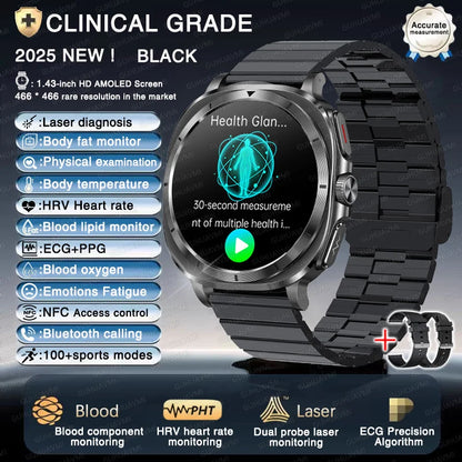2025 New Laser therapy Three High Uric acid Blood pressure Smartwatch Men ECG+PPG Heart rate Fat Body Analysis NFC Call Watches