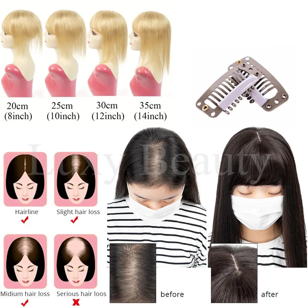 8x12cm Human Hair Topper With Bangs Women Natural Black Brown Highlights Blonde Skin Scalp Clip in Topper Hair Pieces Human Hair