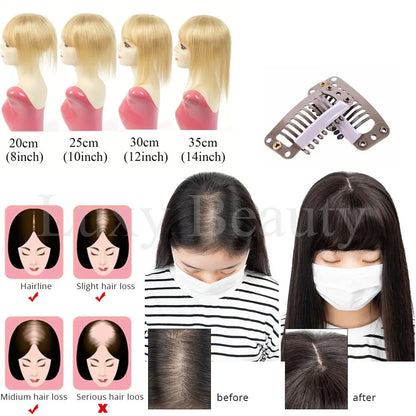 8x12cm Human Hair Topper With Bangs Women Natural Black Brown Highlights Blonde Skin Scalp Clip in Topper Hair Pieces Human Hair