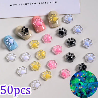 50pcs 3D Mini Cartoon Jelly Cat Paw Nail Art Charms Resin Mixed Luminous Effect Flatback Bear/Cat's Paw Manicure Hairwear Parts