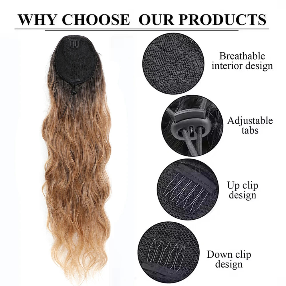 28Inches Clip IN Ponytail Blond 27/ 613 Body Wave Hair Extension 180grams Synthetic Heat Resistant Fiber Ombre Brown 26/30Y30