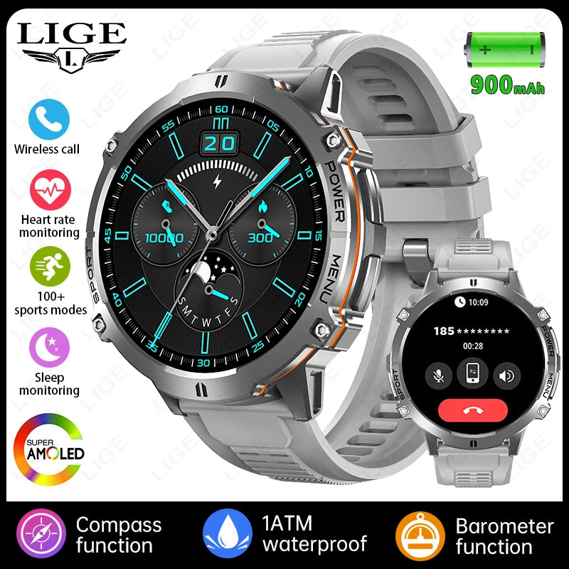 LIGE 2025 GPS Smart Watch Men Bluetooth Call 1ATM Waterproof Smartwatch Compass 1.73'' HD AMOLED 900mAh Fitness Sport Smartwatch