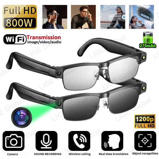LIGE AI Smart Glasses Chat Voice Assistant Control 270mAh Battery 800W HD Camera 1200P Video Shoot Bluetooth Call Sunglasses New