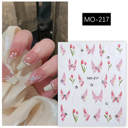 5d Embossed Nail Art Stickers Golden Lines Semi-Transparent Purple Blue Flowers Decals Decorations For Nail Tips Manicures