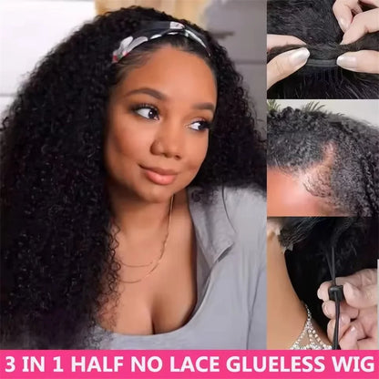 Half Wig Glueless Human Hair Wigs With Drawstring Seamless Clips 250 Density Kinky Curly Half Wigs Full Machine Made Wig