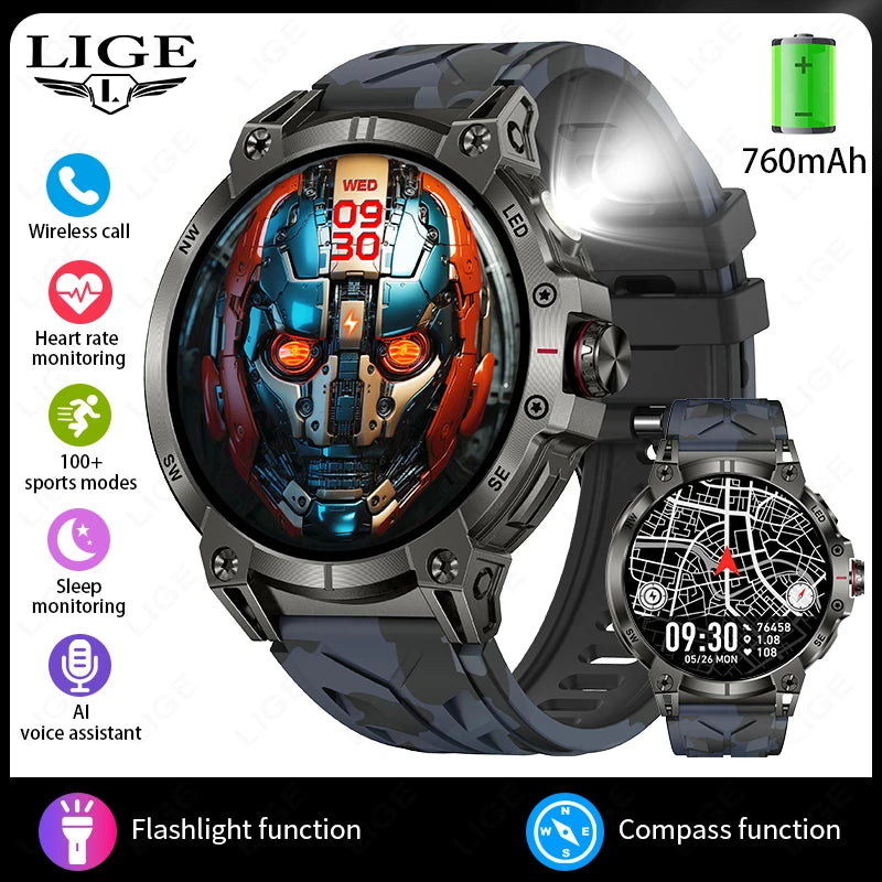 LIGE 760mAh Large Battery Outdoor Smart Watch Men 1.85 inch HD Screen GPS Compass Bluetooth Call IP68 Waterproof Smartwatch 2025