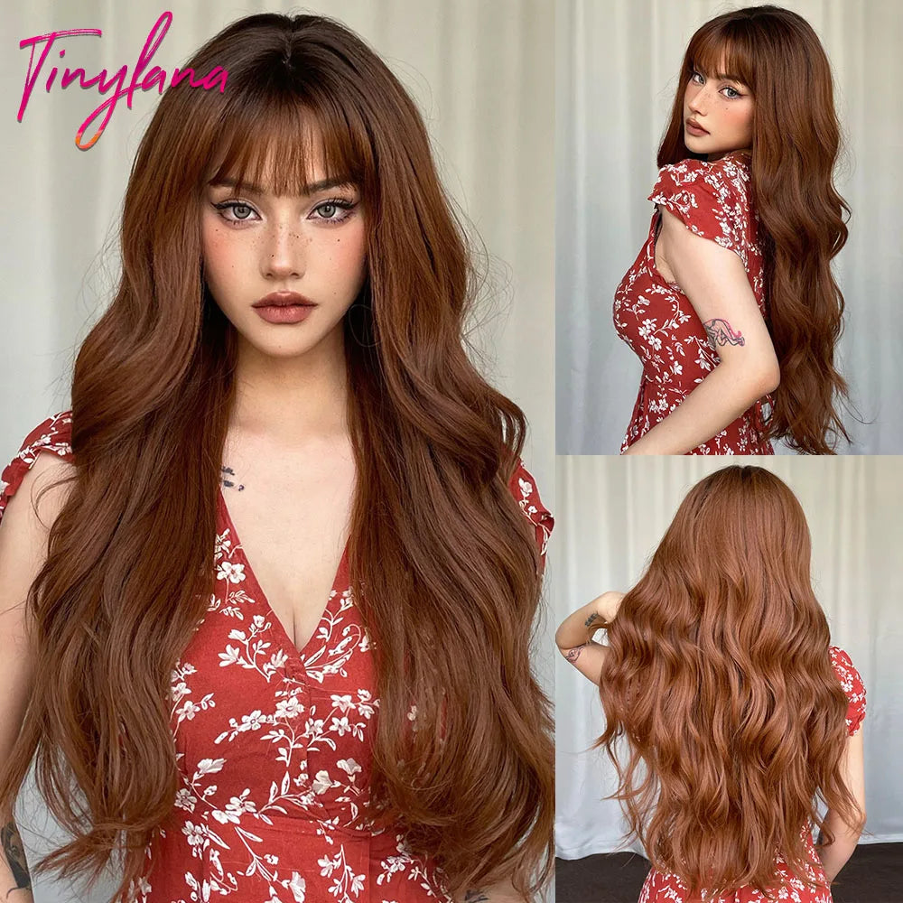 Super Long Curly Wavy Brown Synthetic Wigs with Bangs Cosplay Party Halloween Natural Afro Hair for White Women Heat Resistant