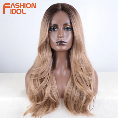 FASHION IDOL 24 inch Lace Front Wigs For Women Synthetic Wigs With Baby Hair Wigs Ombre Brown Blonde Straight Lace Wigs Cosplay