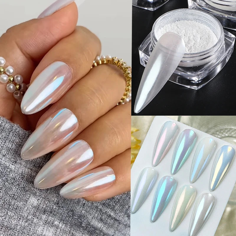 1 Box Aurora White Chrome Nail Powder Sparkling Mirror Pearl Pigments Nail Glitter White Rubbing Dust Nail Art Manicure Decorate