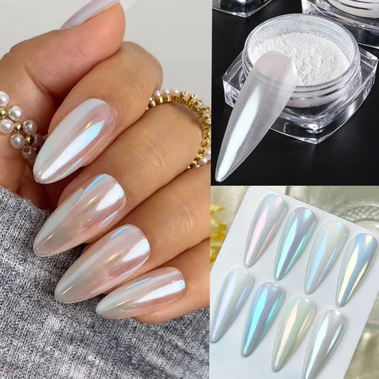 1 Box Aurora White Chrome Nail Powder Sparkling Mirror Pearl Pigments Nail Glitter White Rubbing Dust Nail Art Manicure Decorate